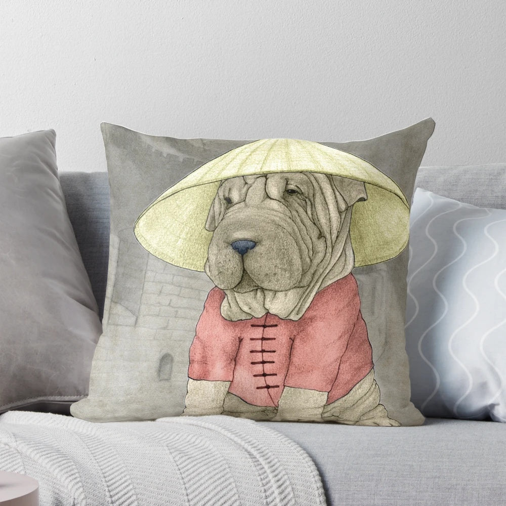 A decorative throw pillow featuring a Shar Pei dog against the backdrop of the Great Wall of China.