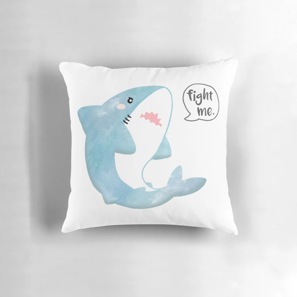 A stylish "Fight Me." pillow with a fun shark design, perfect for marine and ocean enthusiasts.