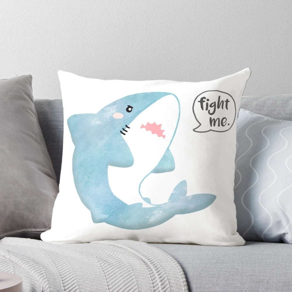 A stylish "Fight Me." pillow with a fun shark design, perfect for marine and ocean enthusiasts.