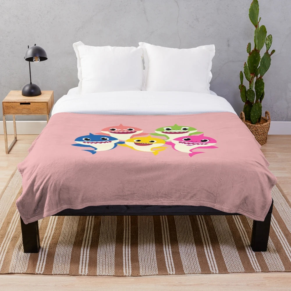 Shark Family Plush Blanket featuring Baby Shark, Daddy Shark, Mummy Shark, Grandpa Shark, and Grandma Shark