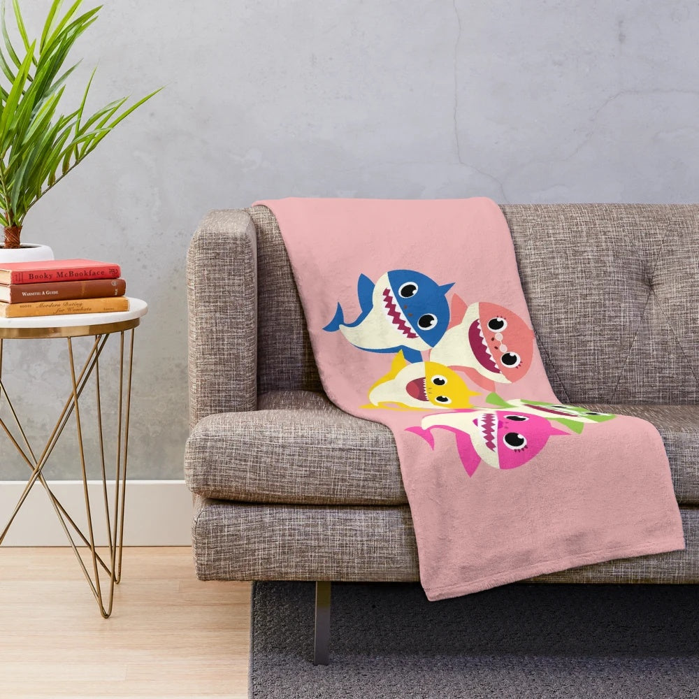 Shark Family Plush Blanket featuring Baby Shark, Daddy Shark, Mummy Shark, Grandpa Shark, and Grandma Shark