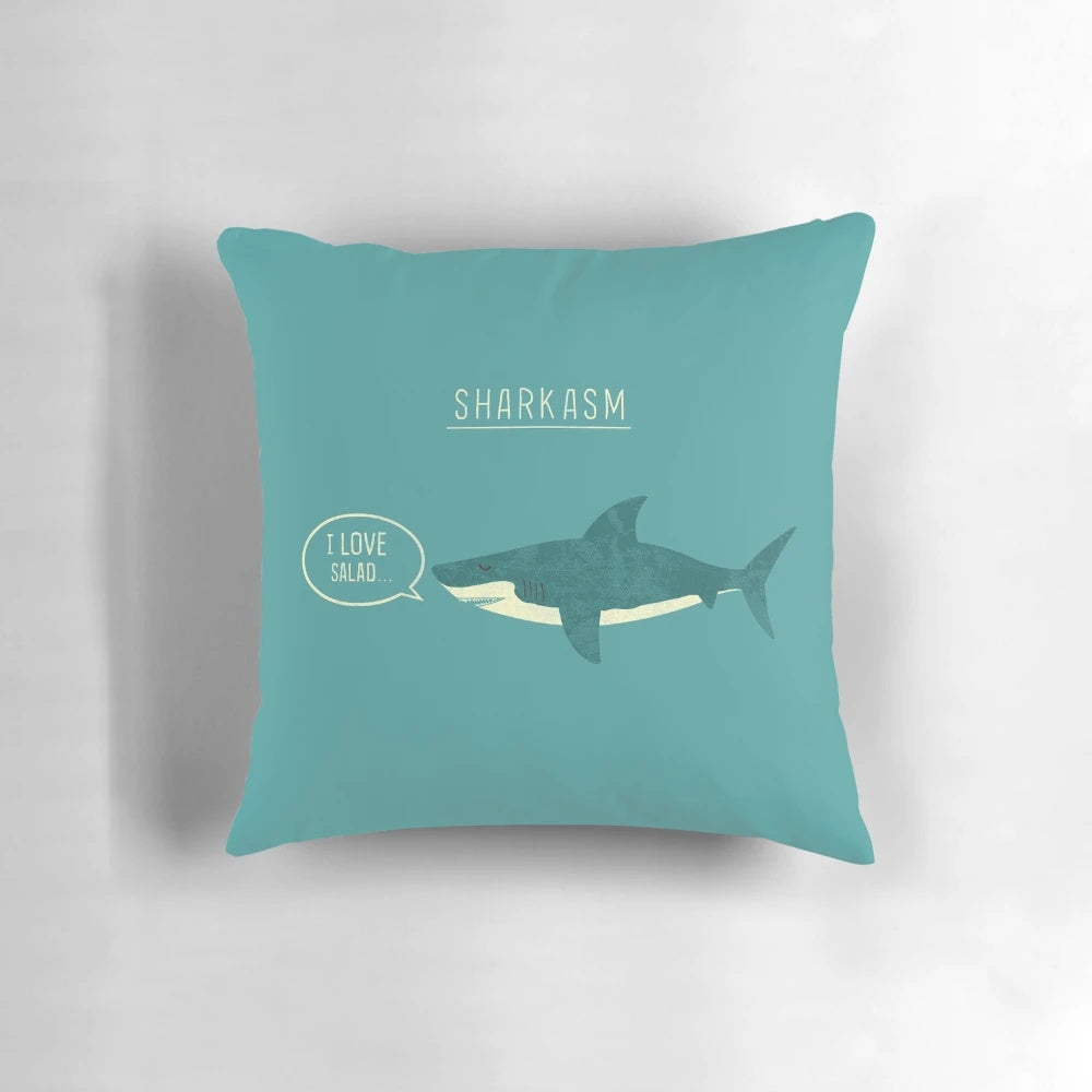 Sharkasm Pillow featuring a cute and sarcastic shark cartoon design