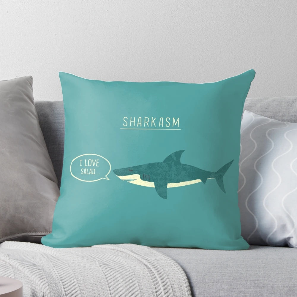 Sharkasm Pillow featuring a cute and sarcastic shark cartoon design