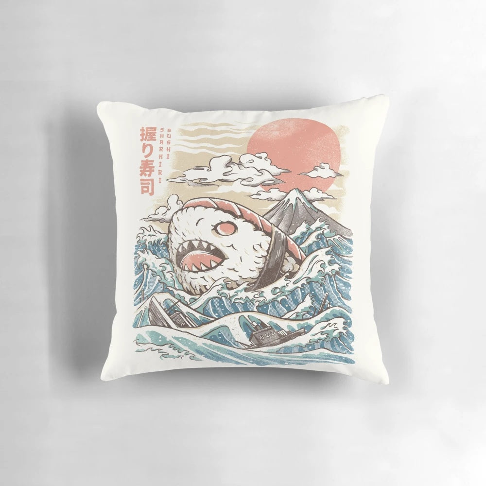 Sharkiri inspired sushi-themed throw pillow with anime-style shark, rice, and wave design