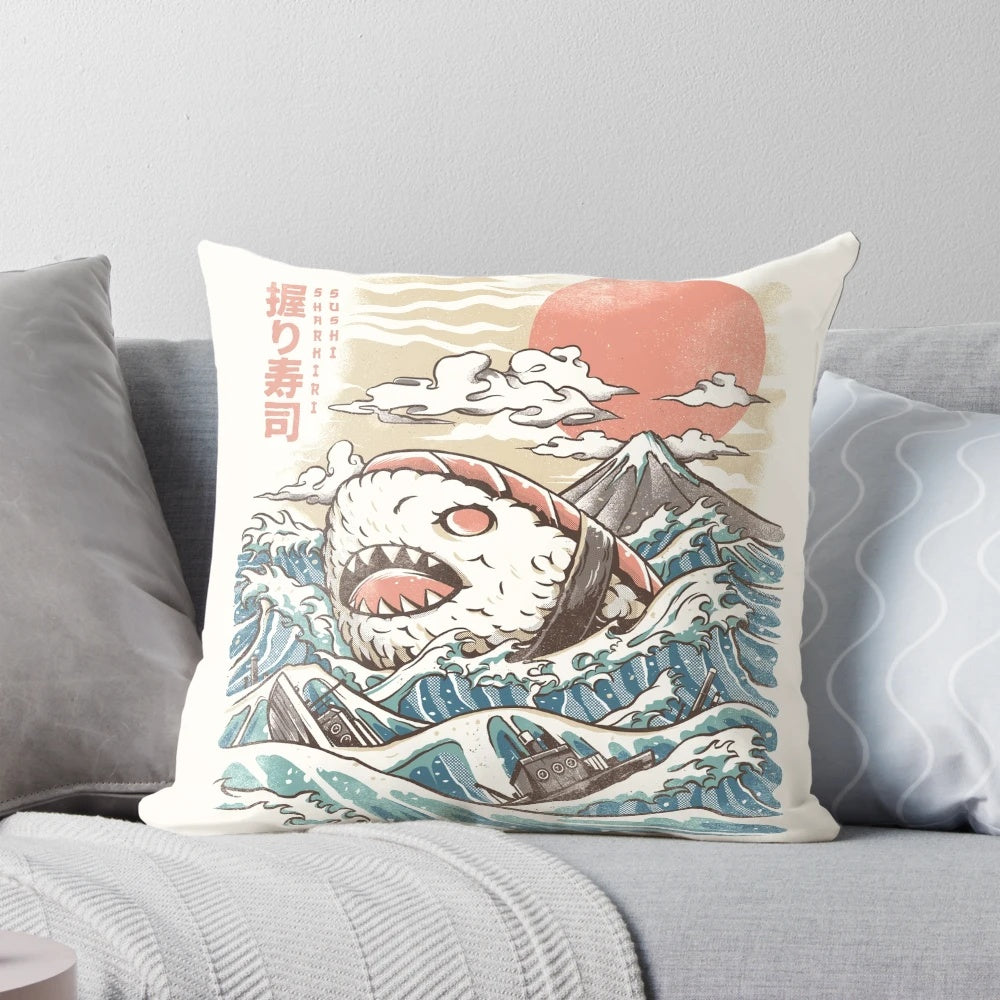 Sharkiri inspired sushi-themed throw pillow with anime-style shark, rice, and wave design