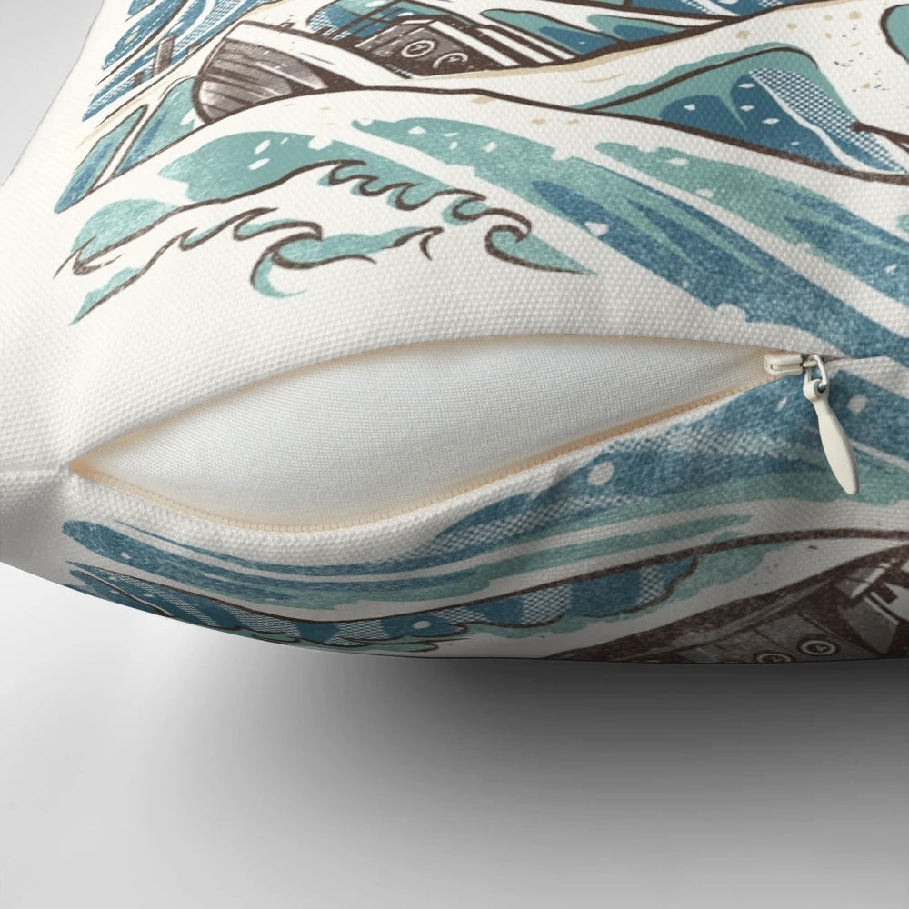 Sharkiri inspired sushi-themed throw pillow with anime-style shark, rice, and wave design