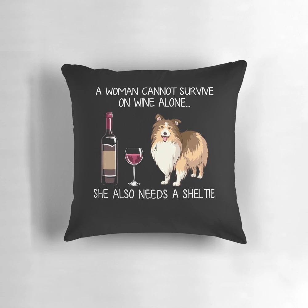 Sheltie dog and wine themed decorative throw pillow