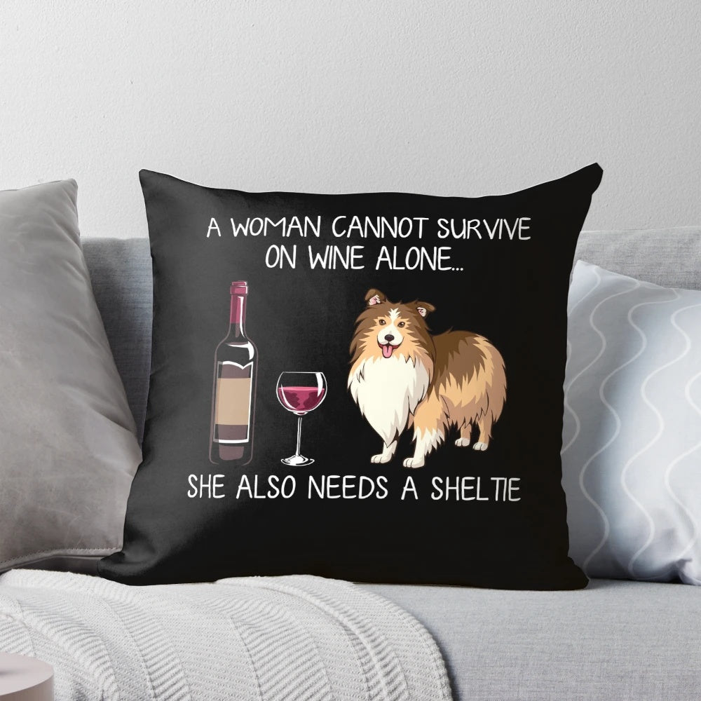 Sheltie dog and wine themed decorative throw pillow