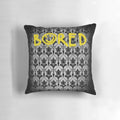 Sherlock Holmes inspired throw pillow featuring the quote "Bored" with iconic wallpaper design