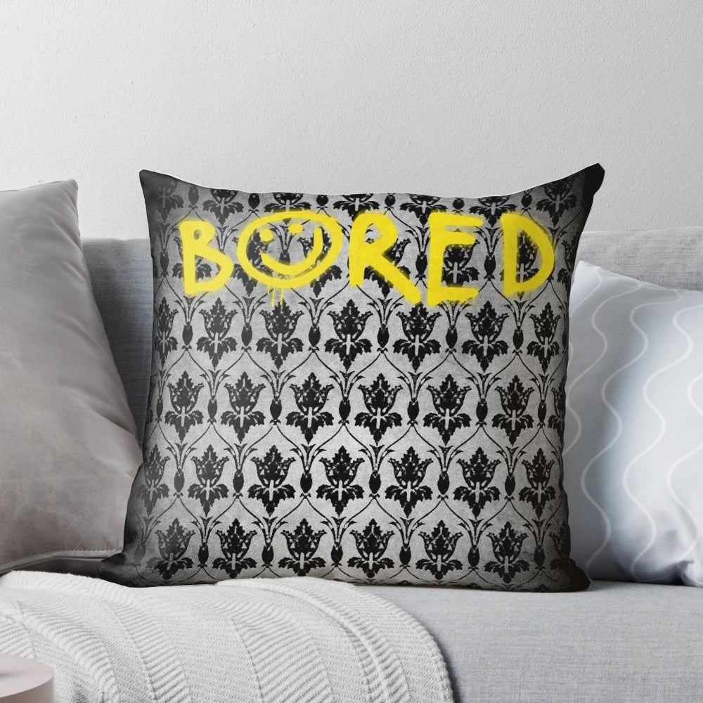 Sherlock Holmes inspired throw pillow featuring the quote "Bored" with iconic wallpaper design