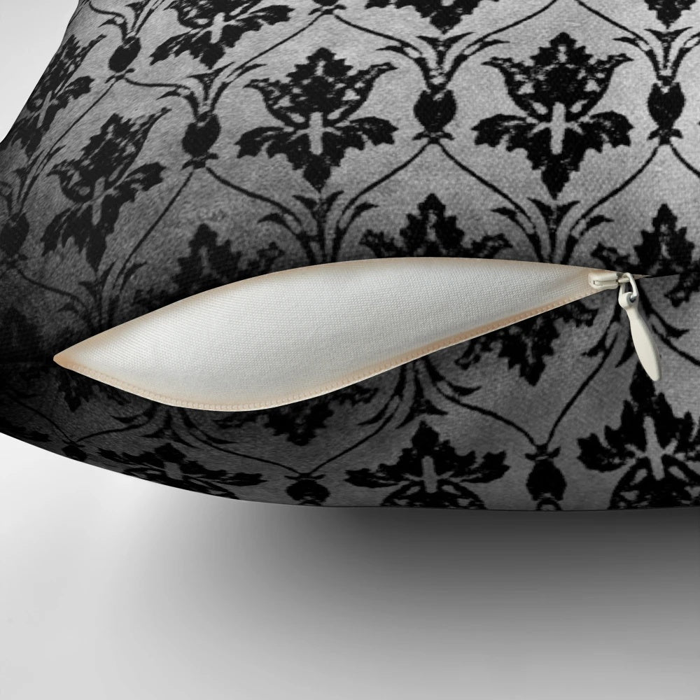 Sherlock Holmes inspired throw pillow featuring the quote "Bored" with iconic wallpaper design