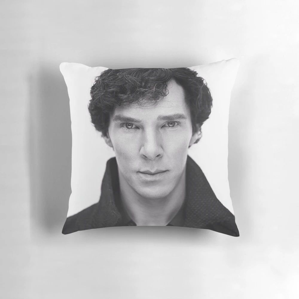 Sherlock inspired decorative pillow featuring Benedict Cumberbatch as the iconic detective Sherlock Holmes