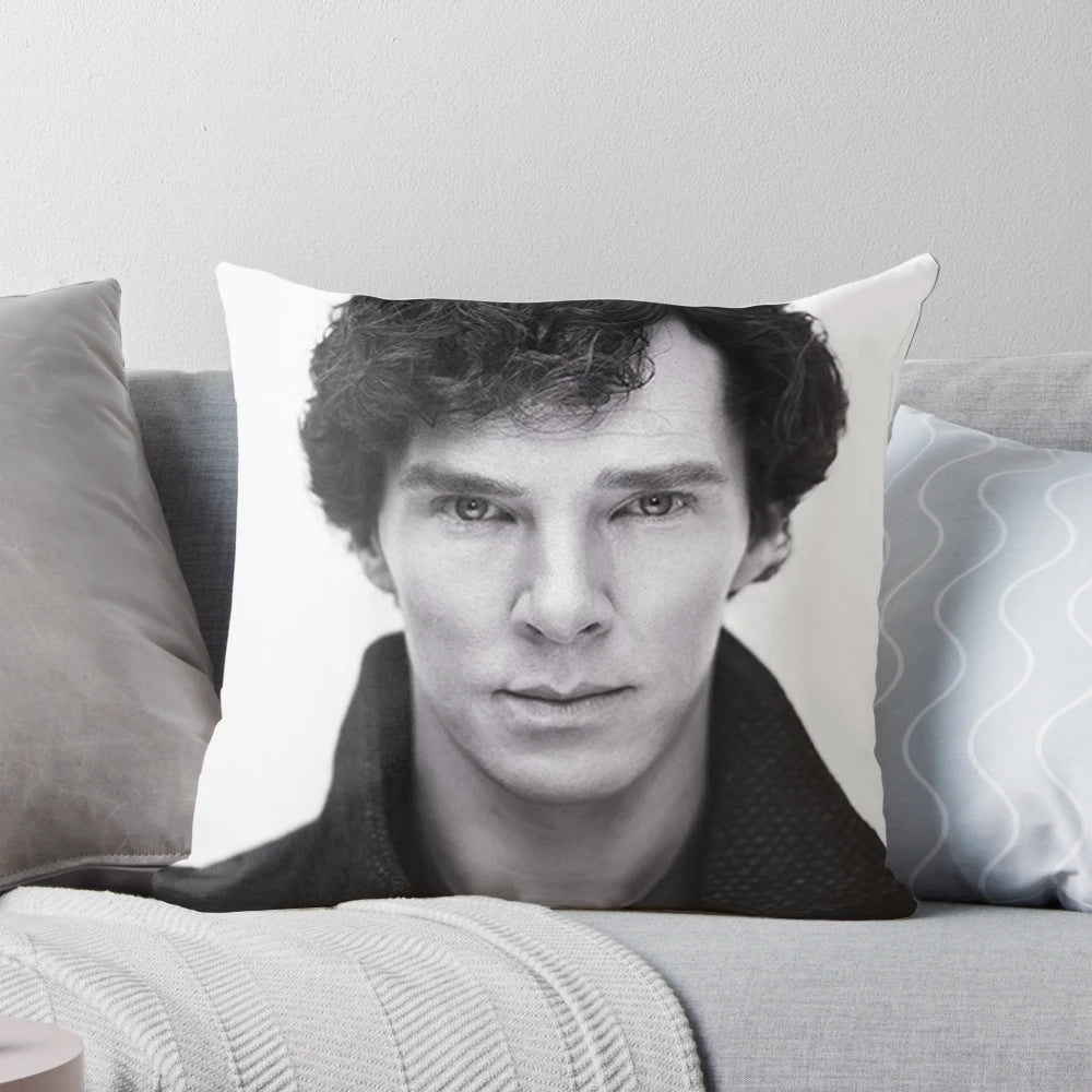 Sherlock inspired decorative pillow featuring Benedict Cumberbatch as the iconic detective Sherlock Holmes