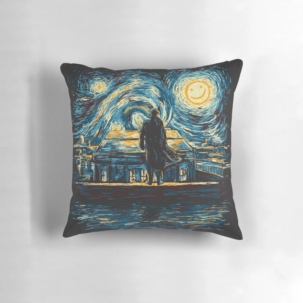 Decorative pillow cover featuring Sherlock-inspired design inspired by the Starry Night painting