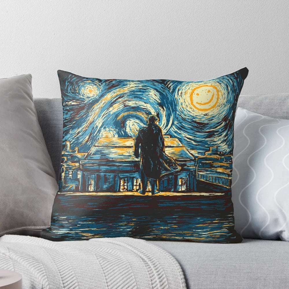 Decorative pillow cover featuring Sherlock-inspired design inspired by the Starry Night painting