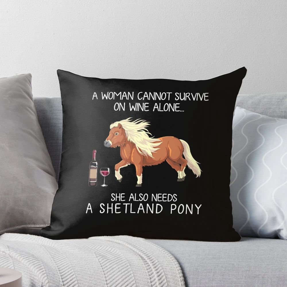 Shetland pony horse and wine themed funny decorative pillow with humorous design