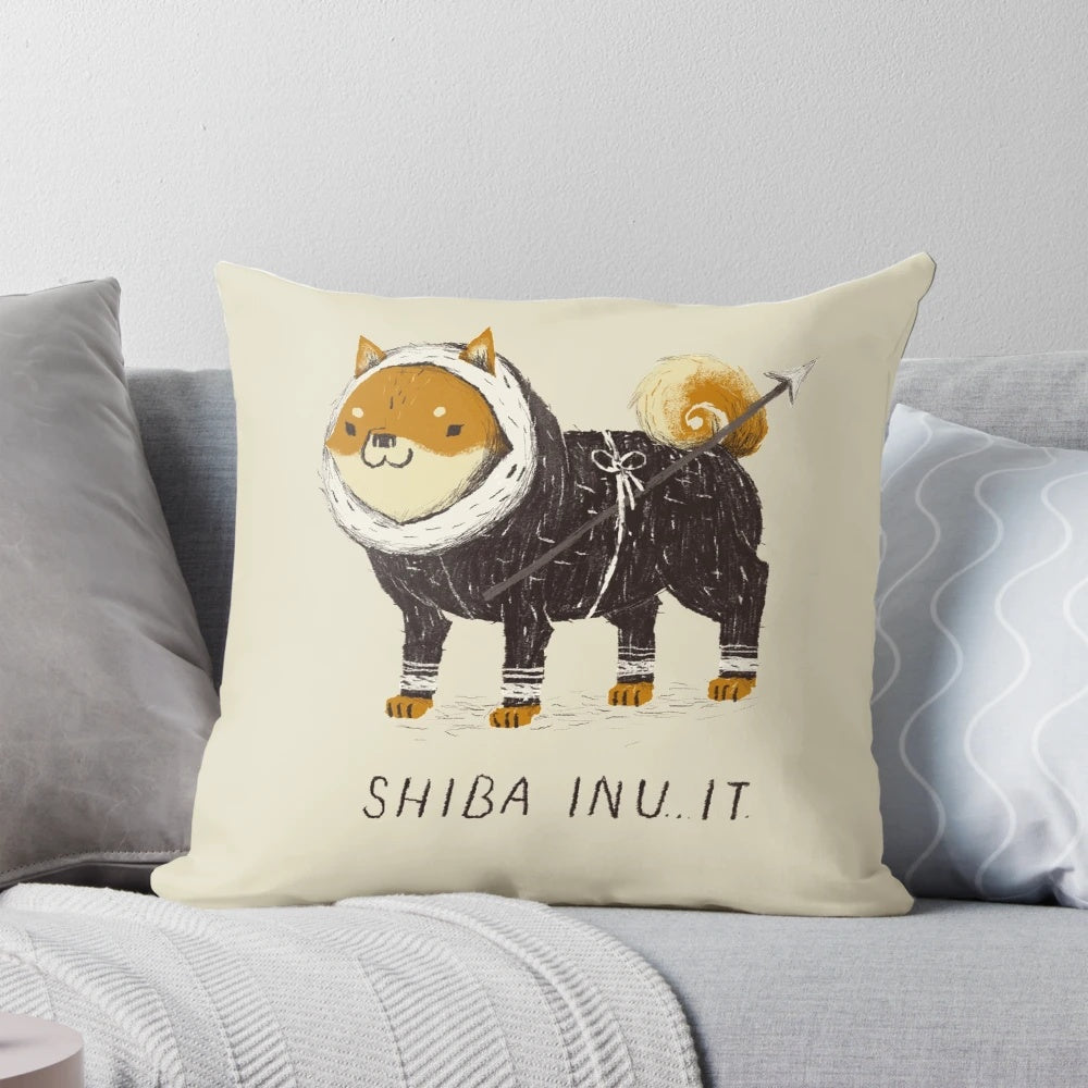 Soft, plush pillow featuring a Shiba Inu dog design in an Inuit-inspired style