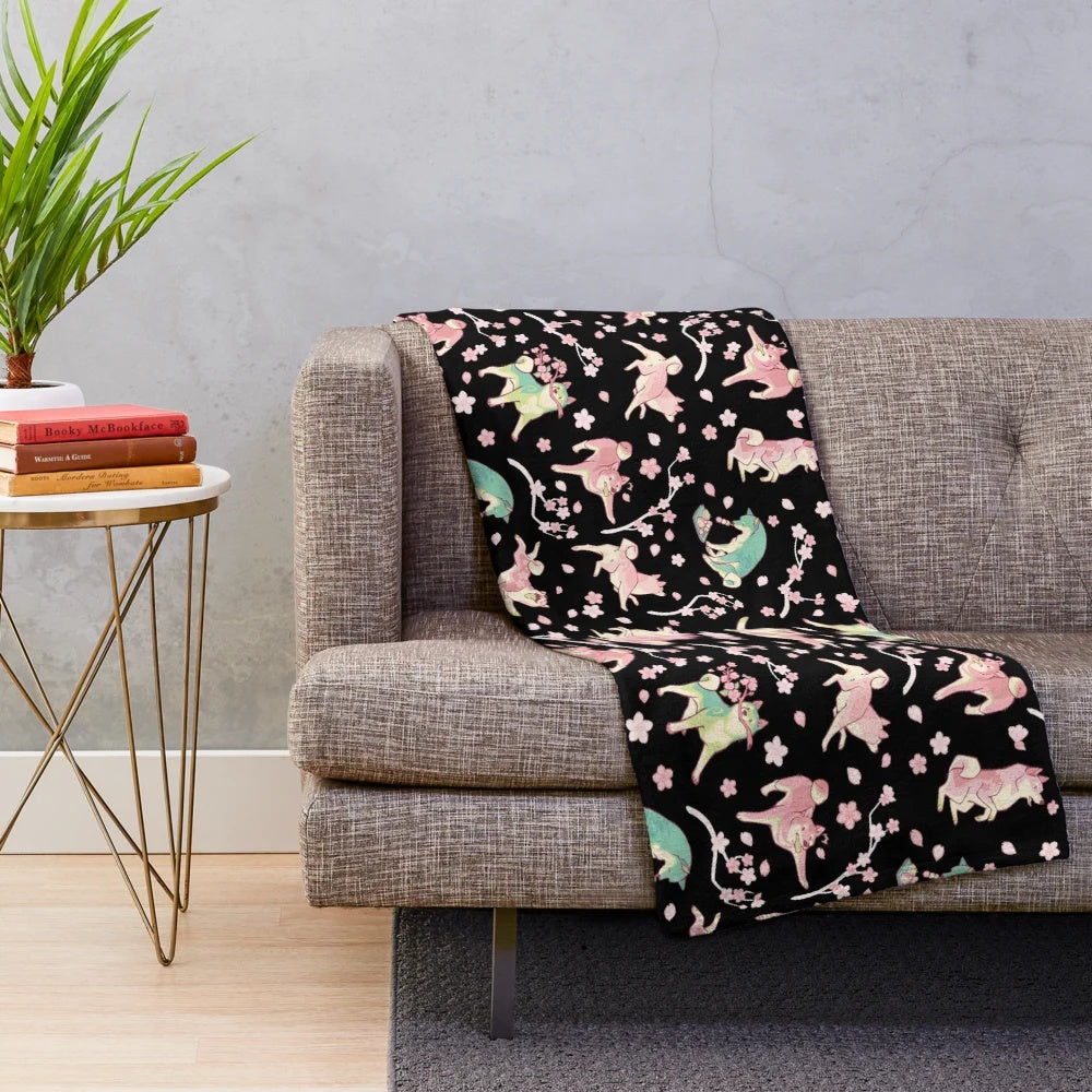 Shiba Inu inspired plush blanket with cherry blossom and matcha pattern design
