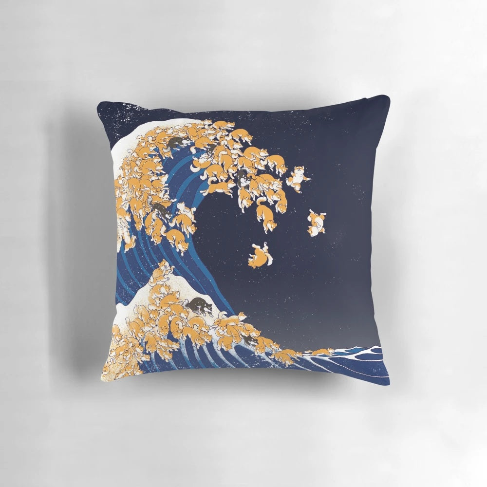 Soft, plush pillow featuring a vintage-style illustration of a shiba inu dog against the iconic "Great Wave off Kanagawa" background.