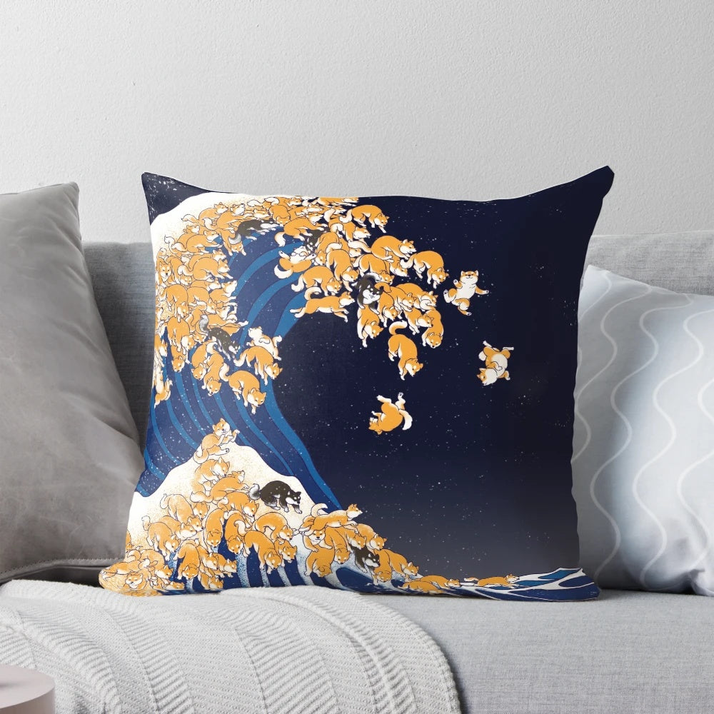 Soft, plush pillow featuring a vintage-style illustration of a shiba inu dog against the iconic "Great Wave off Kanagawa" background.