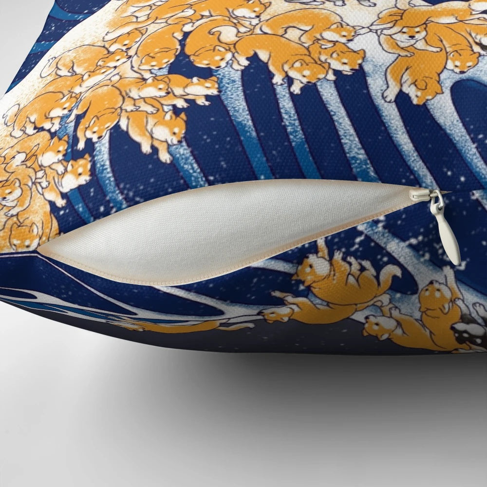 Soft, plush pillow featuring a vintage-style illustration of a shiba inu dog against the iconic "Great Wave off Kanagawa" background.