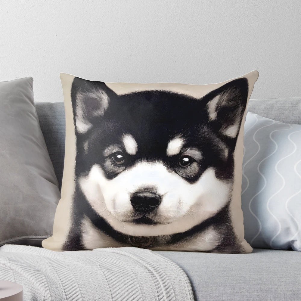 Tan, brown, and white shiba inu dog portrait in oil painting style