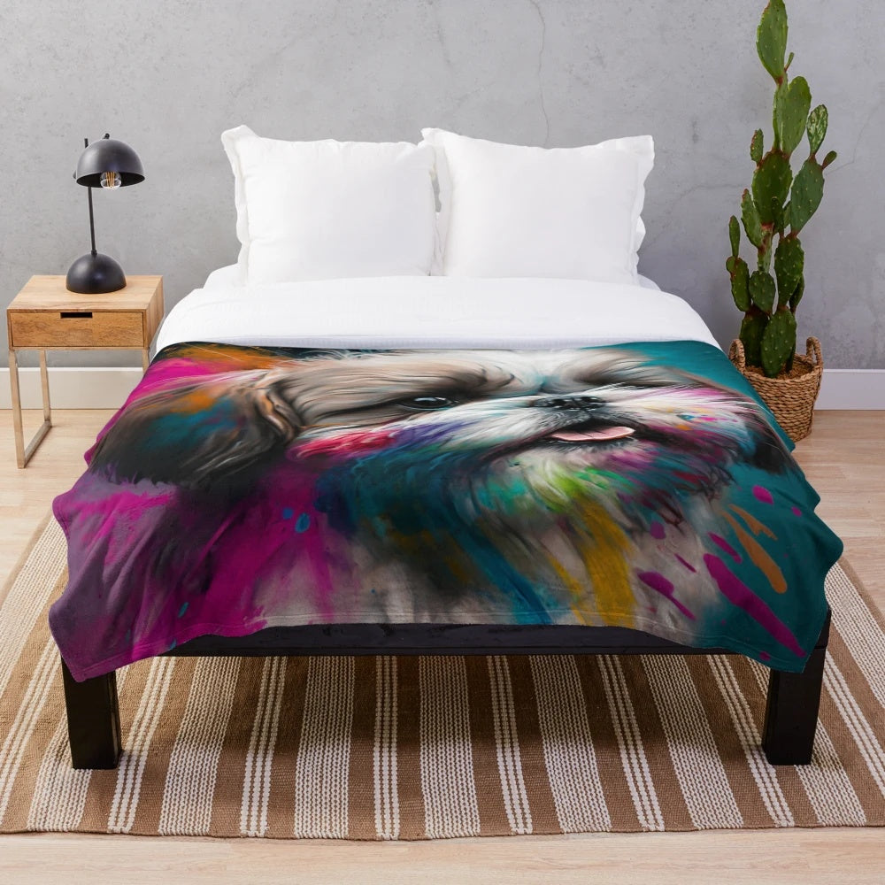 Shih tzu plush blanket with synesthetic splash painting design