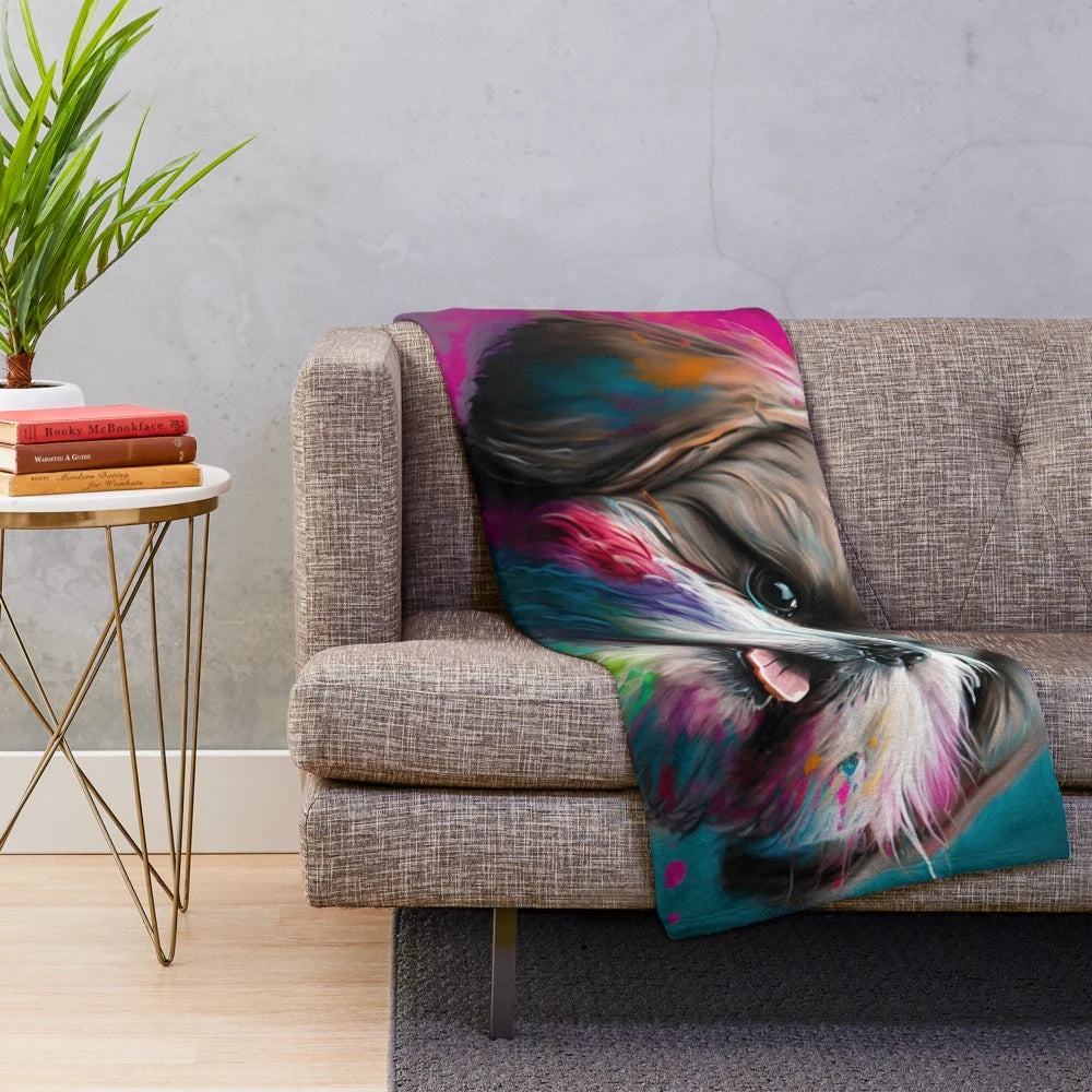 Shih tzu plush blanket with synesthetic splash painting design