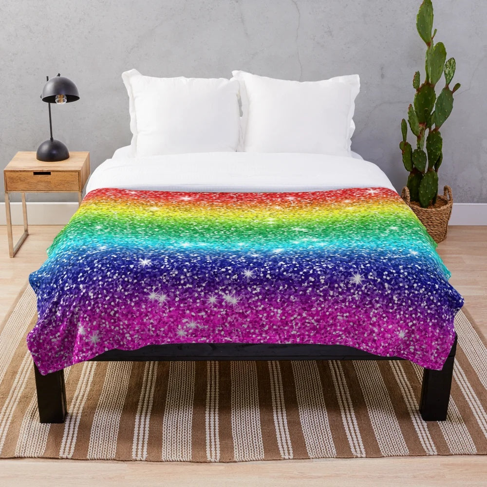 Shimmering glitter plush blanket with a radiant rainbow effect