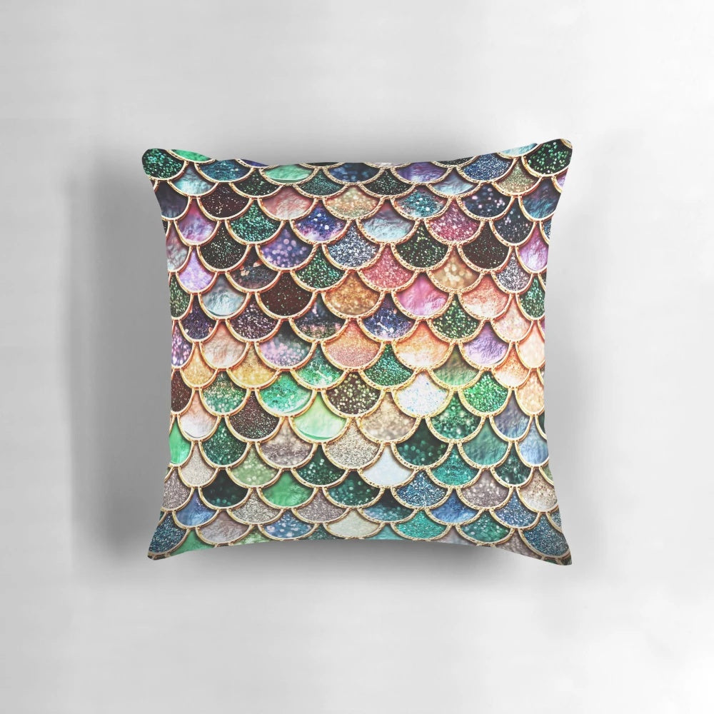 Copper, green, and gold mermaid scales pattern on a plush, sparkly pillow
