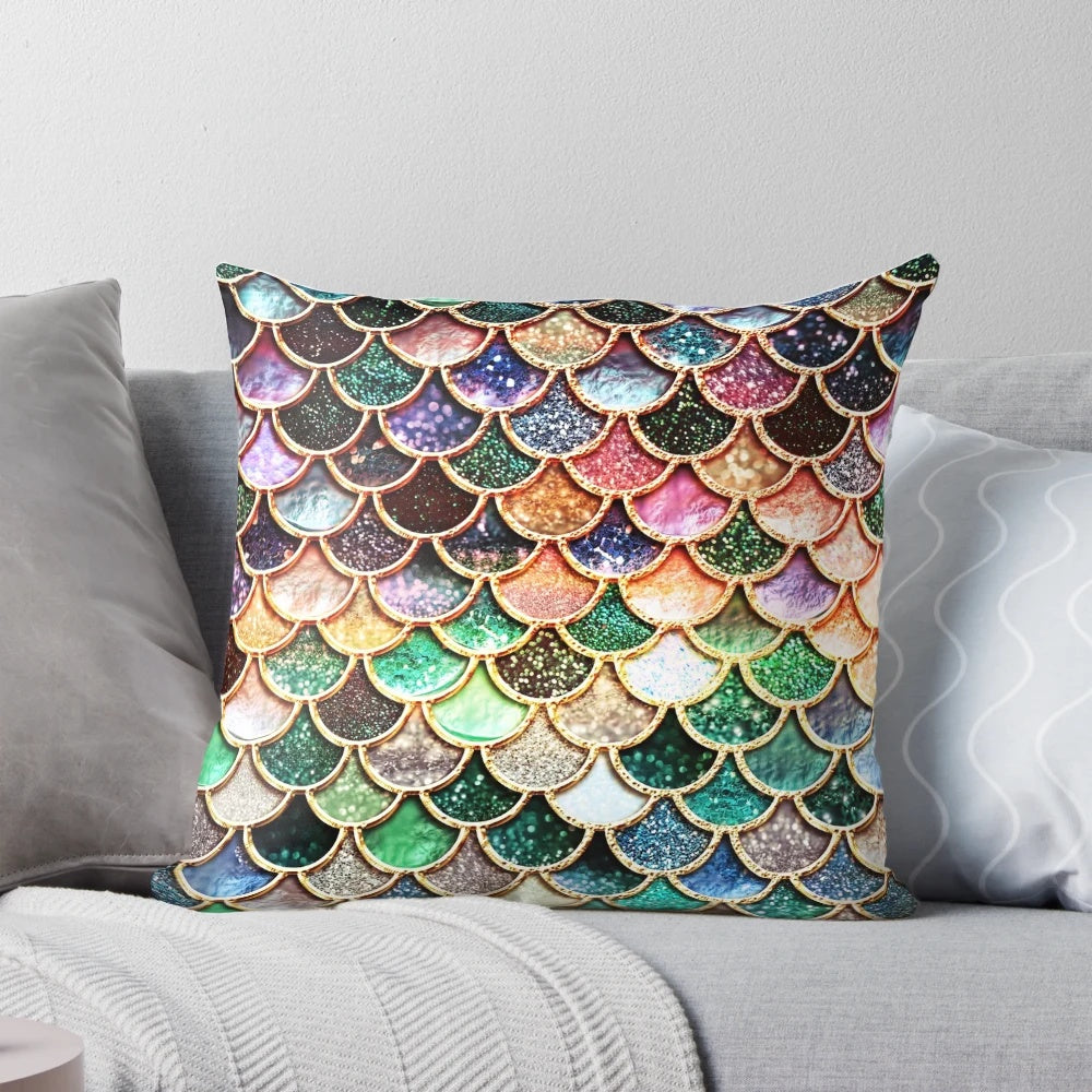 Copper, green, and gold mermaid scales pattern on a plush, sparkly pillow