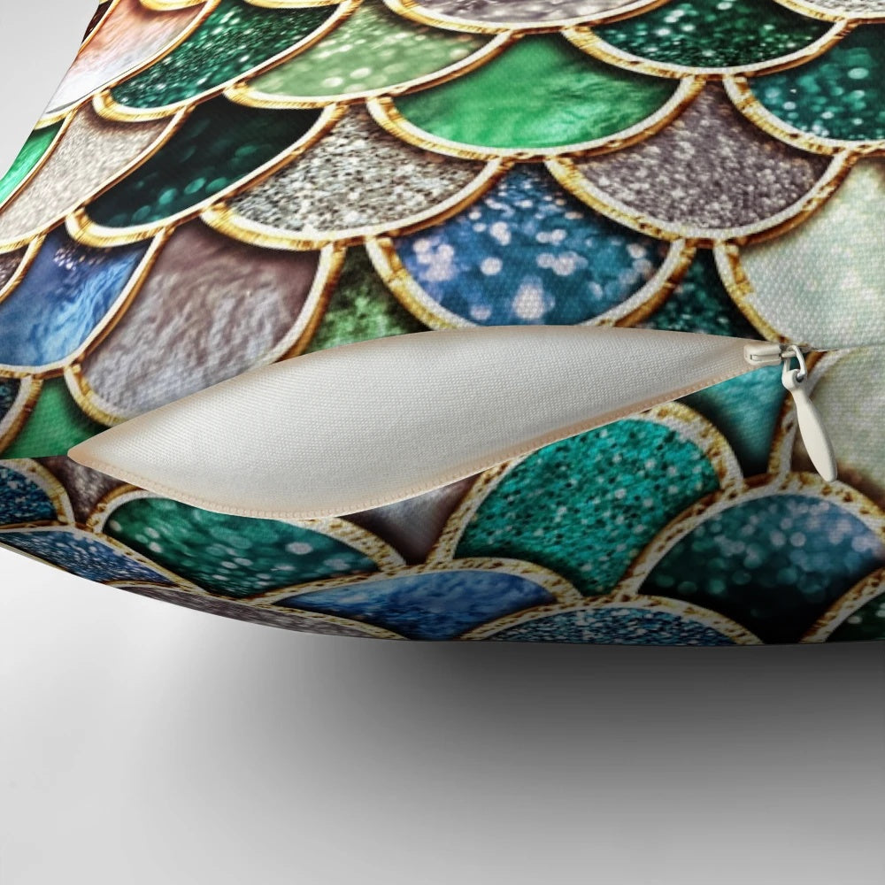 Copper, green, and gold mermaid scales pattern on a plush, sparkly pillow