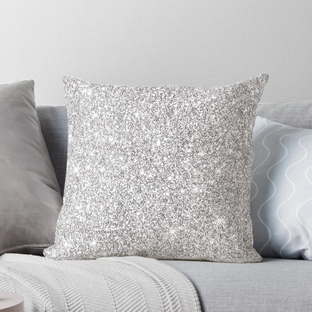 Closeup of a silver sparkle decorative throw pillow