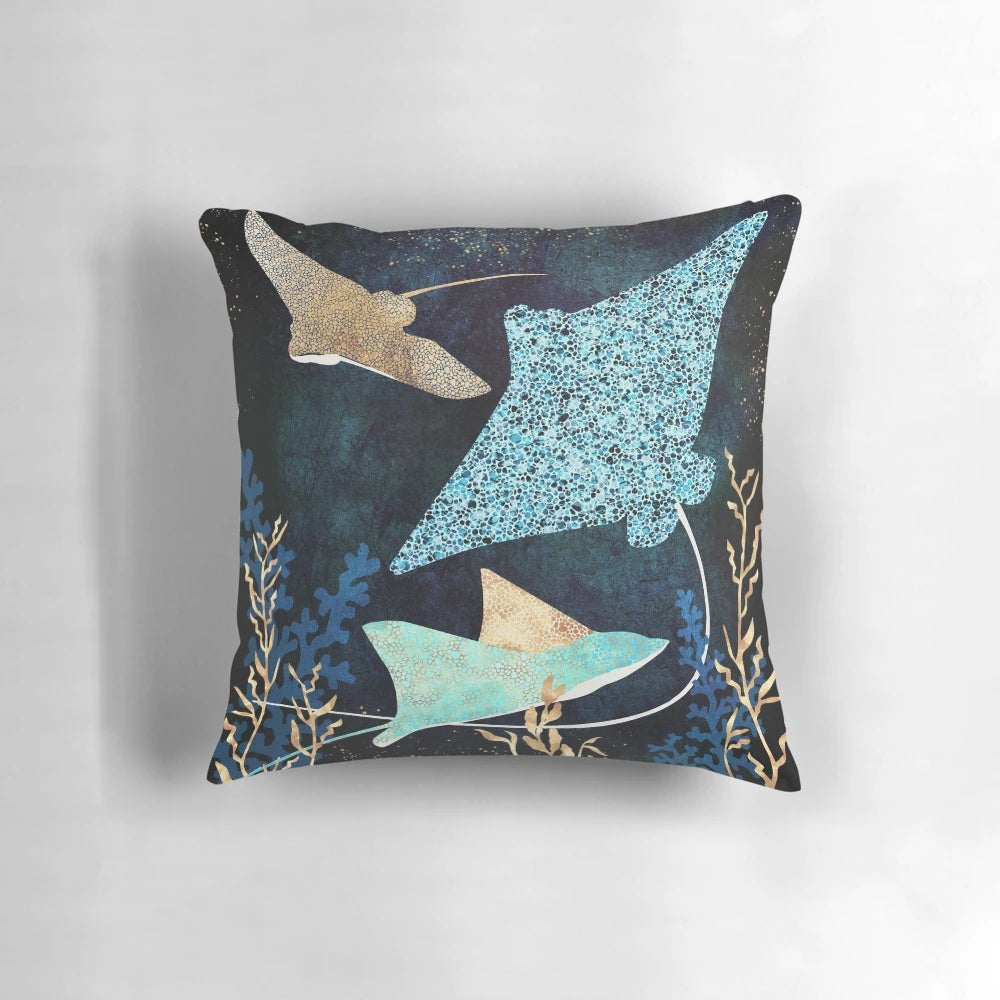 Metallic blue and gold stingray-patterned decorative pillow