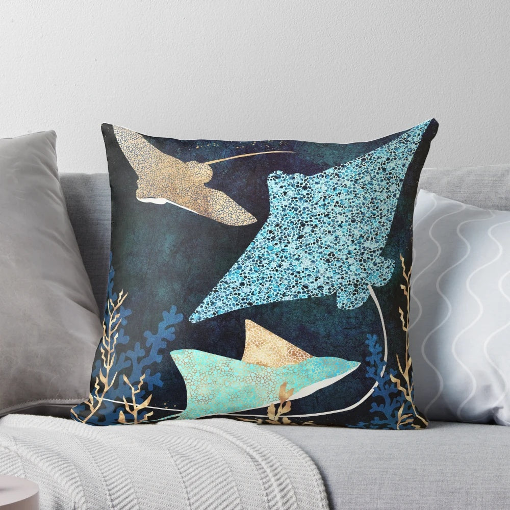 Metallic blue and gold stingray-patterned decorative pillow