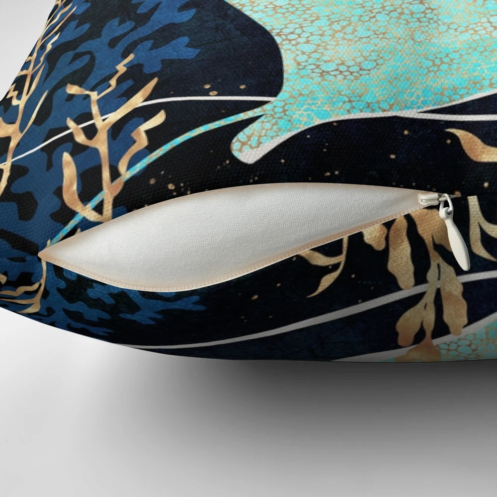 Metallic blue and gold stingray-patterned decorative pillow