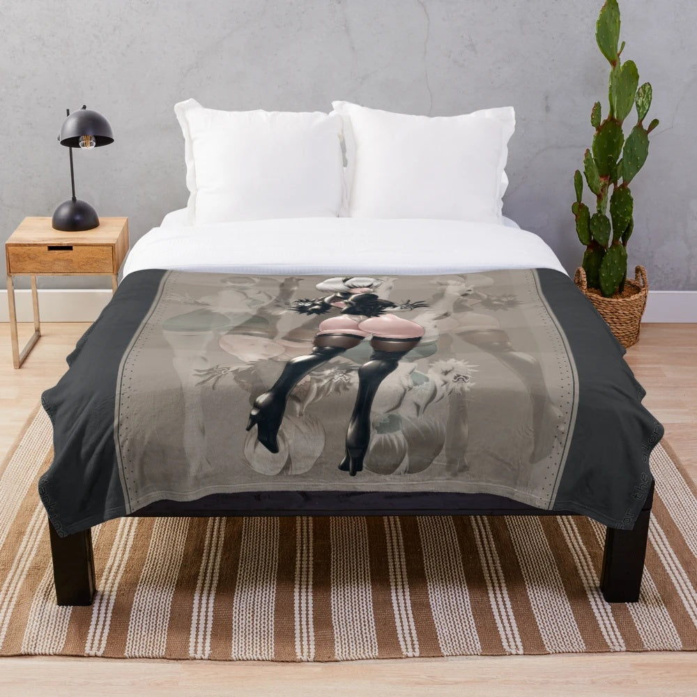 Shiny 2B inspired plush blanket with anime and gaming elements