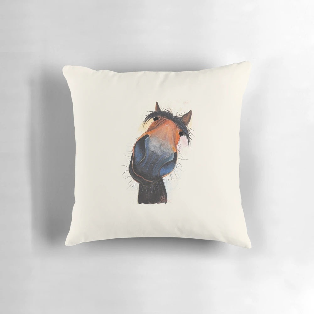 Vibrant throw pillow featuring Shirley MacArthur's 'Happy Dave' horse painting, perfect for equestrian home decor.