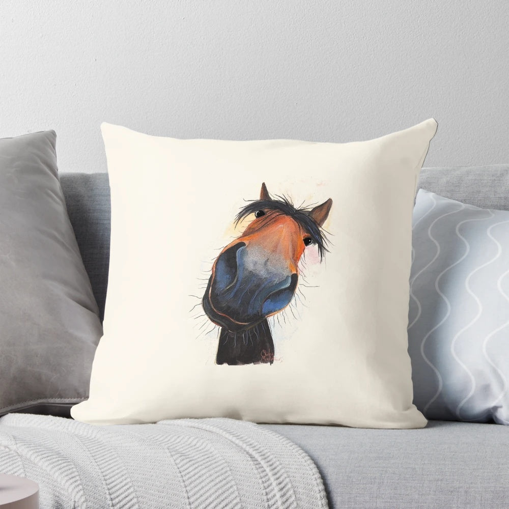 Vibrant throw pillow featuring Shirley MacArthur's 'Happy Dave' horse painting, perfect for equestrian home decor.