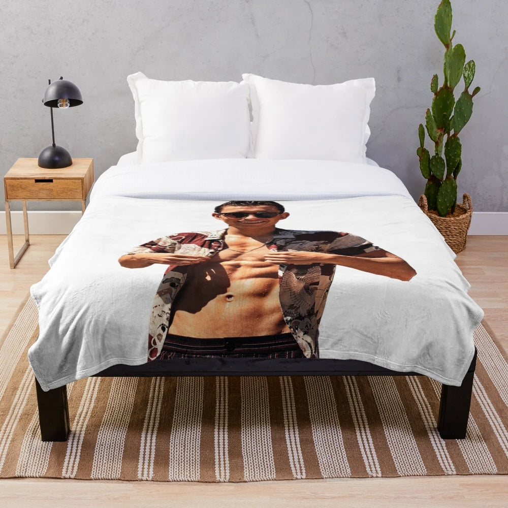 Shirtless Tom Holland inspired plush blanket with abs and smiling design