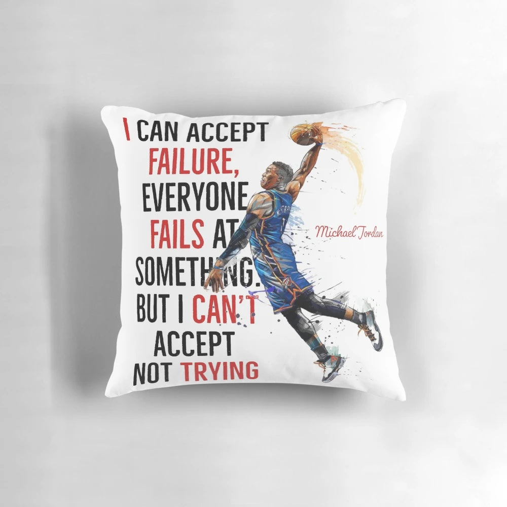 Soft, plush basketball-themed pillow featuring Michael Jordan quotes