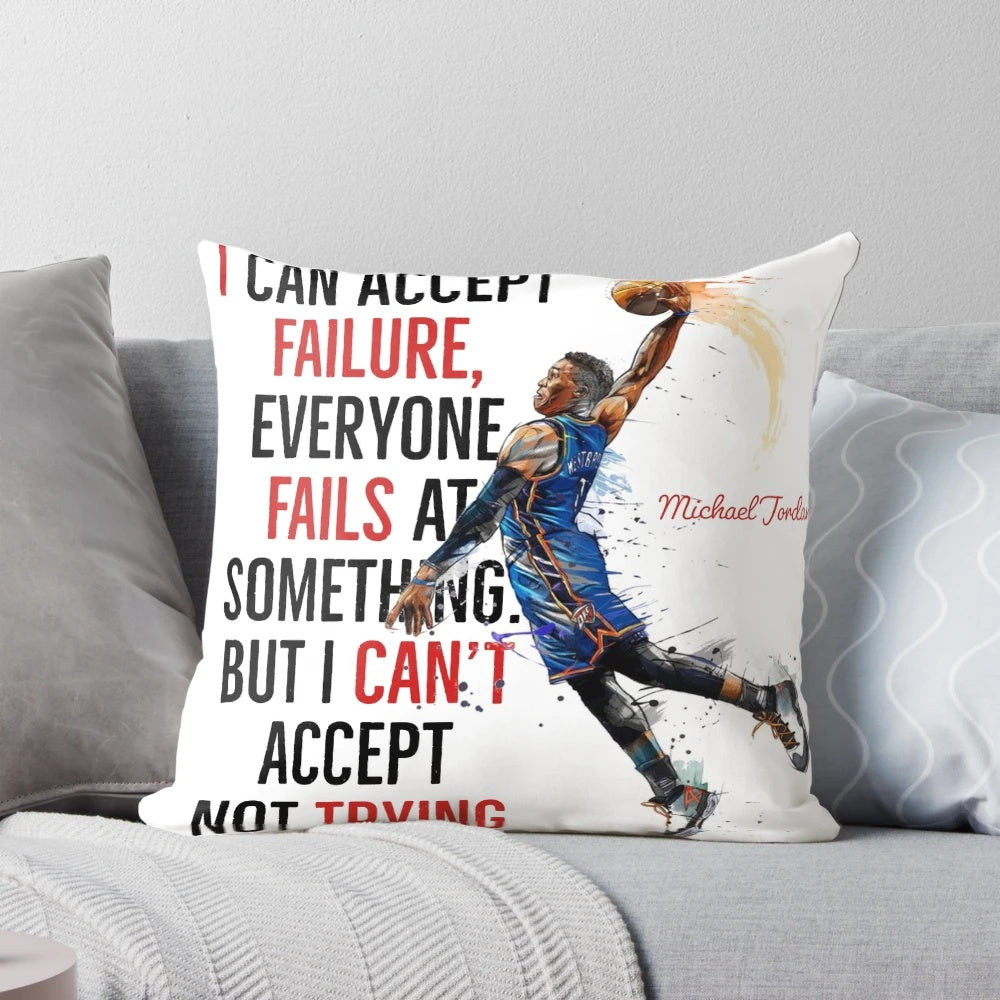 Soft, plush basketball-themed pillow featuring Michael Jordan quotes