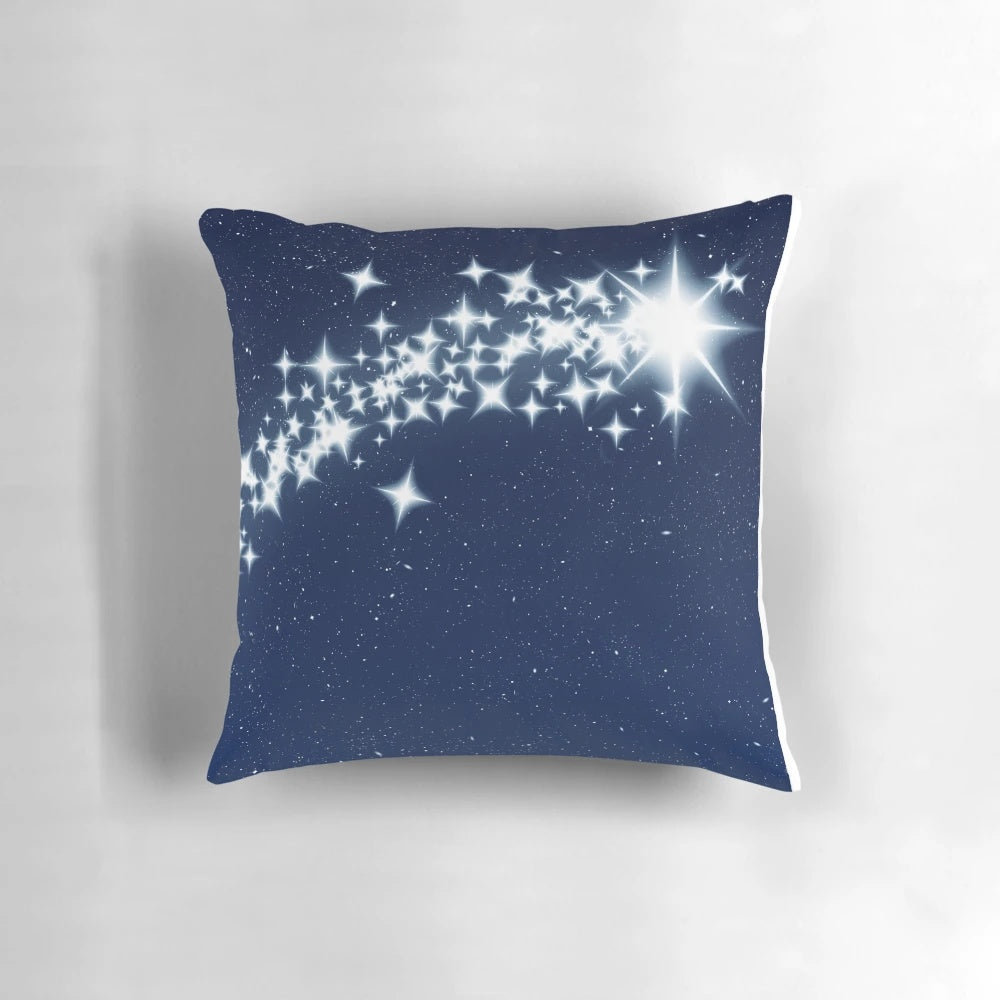 Shooting Star Pillow with a blue night sky and twinkling silver stars