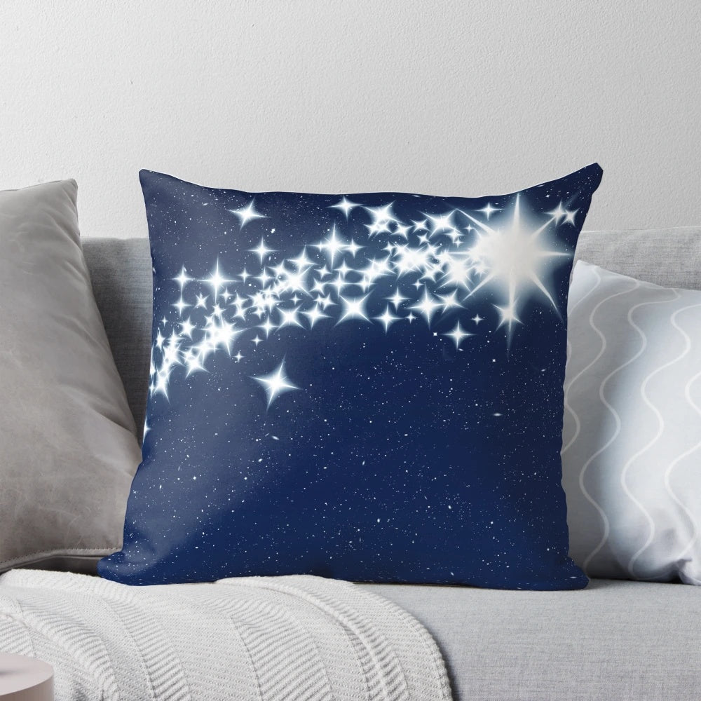 Shooting Star Pillow with a blue night sky and twinkling silver stars