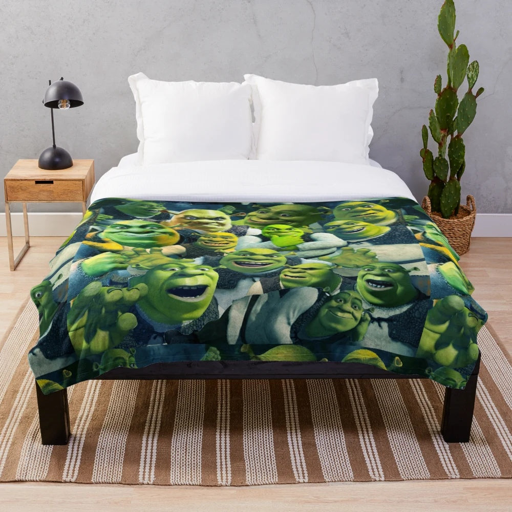 Shrek-inspired collage design printed on a soft, plush blanket
