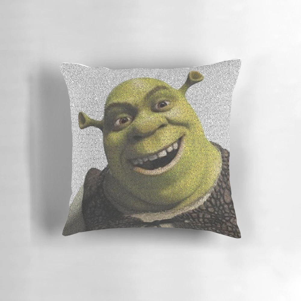 Shrek-Inspired Comedic Movie Script Pillow featuring iconic quotes and characters