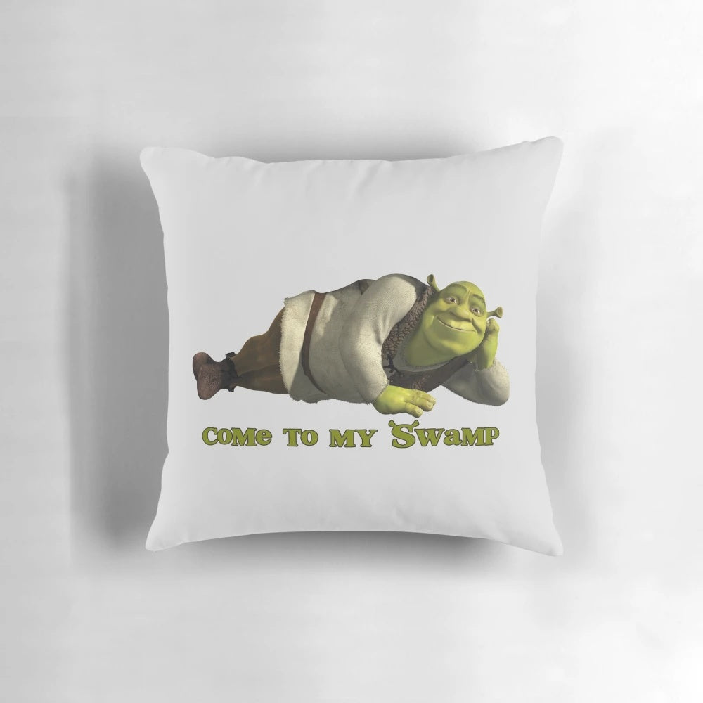 A plush, green Shrek-themed pillow featuring the iconic ogre character from the Dreamworks film franchise.