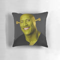 Shrek-inspired pillow featuring Dwayne Johnson's face, a unique and humorous home decor item.