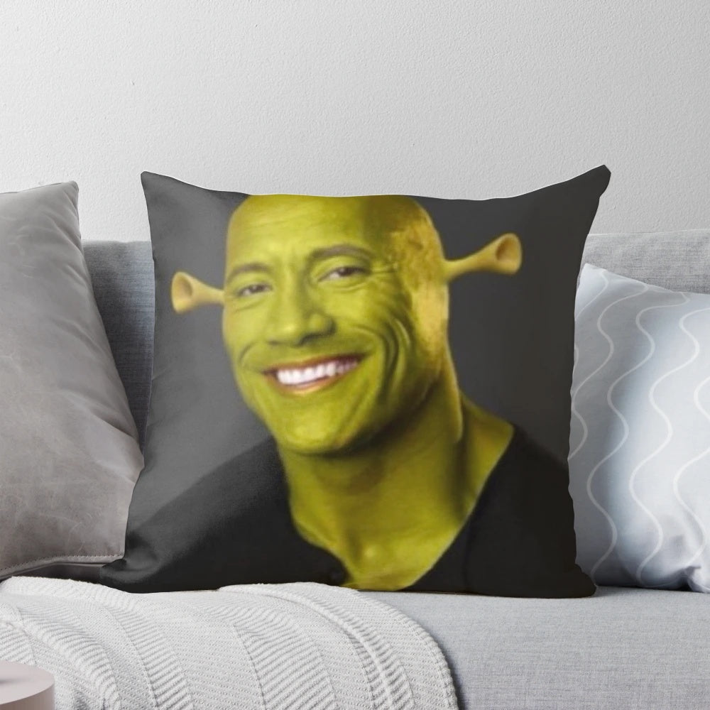 Shrek-inspired pillow featuring Dwayne Johnson's face, a unique and humorous home decor item.
