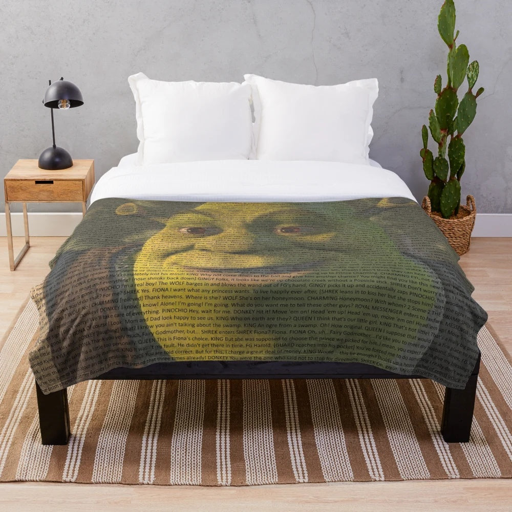 Shrek-inspired plush blanket featuring a funny, meme-worthy design